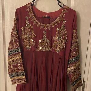Pakistani Embroidered Maroon long Dress with Gold Accents